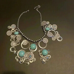 Statement blue silver bohemian trendy exaggerated fashionable stylish necklace
